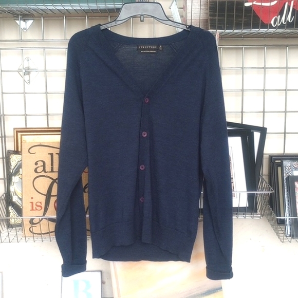 STRUCTURE Extra Fine Italian Merino Wool Blue Cardigan Size M Slim Fit EUC - Picture 2 of 7